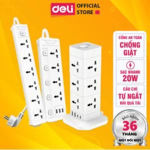 Ổ Cắm Điện Đa Năng DELI Sạc Nhanh TypeC USB PD20W 2-12 Ổ Vuông Dẹt Chịu Tải 2500W, Cầu Chì Tự Ngắt